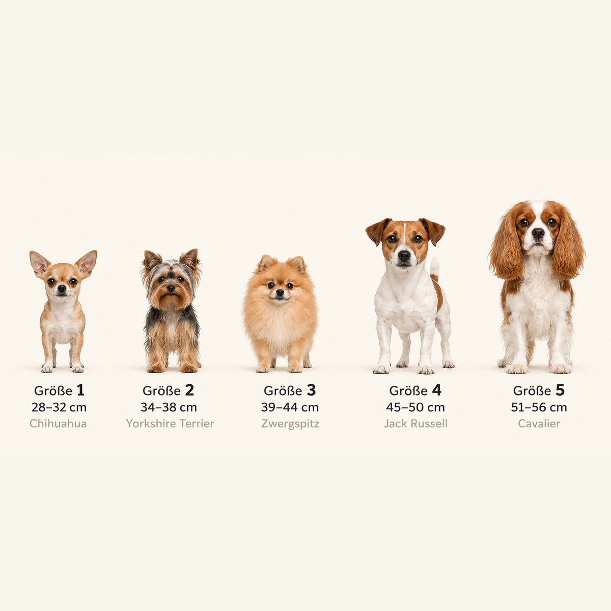 Größenvergleich nach Brustumfang: Chihuahua 28 bis 32 cm, Yorkshire Terrier 34 bis 38 cm, Zwergspitz 39 bis 44 cm, Jack Russell 45 bis 50 cm, Cavalier King Charles Spaniel 51 bis 56 cm
