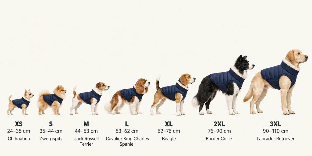 Größenvergleich der Wetterhund Regenweste nach Brustumfang: XS Chihuahua 24 bis 35 cm, S Zwergspitz 35 bis 44 cm, M Jack Russell Terrier 44 bis 53 cm, L Cavalier King Charles Spaniel 53 bis 62 cm, XL Beagle 62 bis 76 cm, 2XL Border Collie 76 bis 90 cm, 3XL Labrador Retriever 90 bis 110 cm
