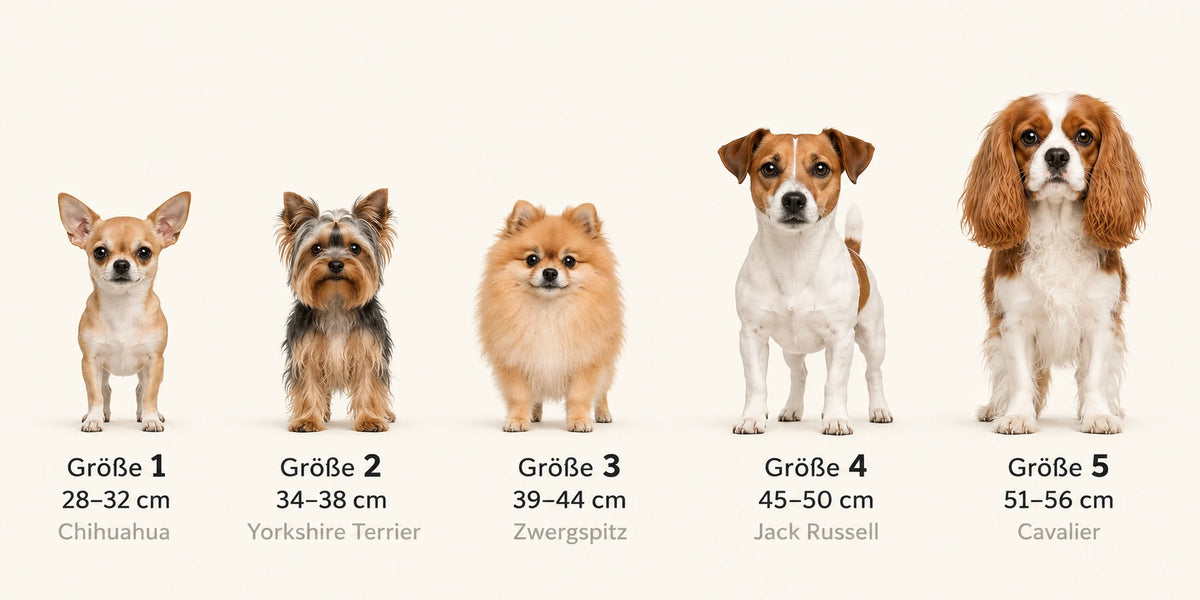 Größenvergleich nach Brustumfang: Chihuahua 28 bis 32 cm, Yorkshire Terrier 34 bis 38 cm, Zwergspitz 39 bis 44 cm, Jack Russell 45 bis 50 cm, Cavalier King Charles Spaniel 51 bis 56 cm