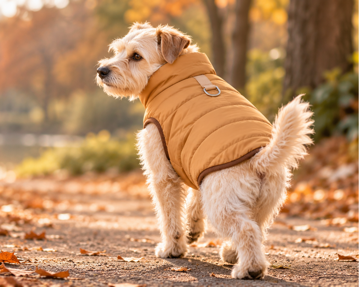 Kleiner Terrier in der camel-farbenen Wetterhund Steppweste beim Herbstspaziergang