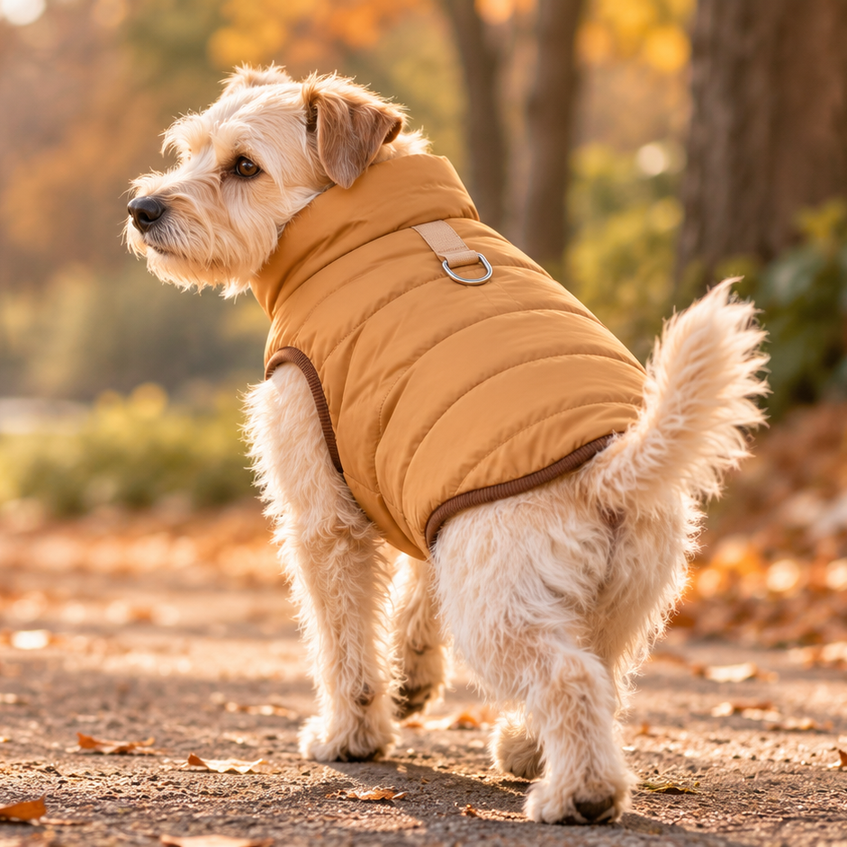 Kleiner Terrier in der Wetterhund Steppweste beim Herbstspaziergang