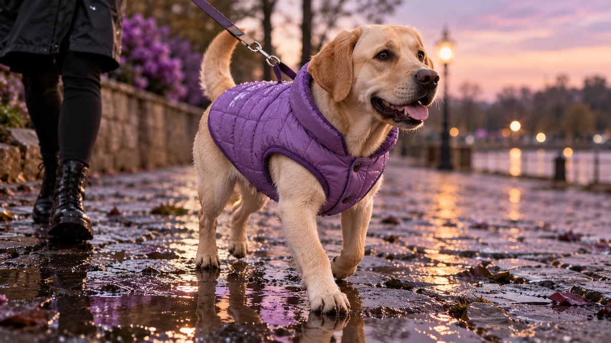 Gelber Labrador trägt die Wetterhund Regenweste in Lila auf nassem Kopfsteinpflaster in der Abenddämmerung, an der Leine geführt