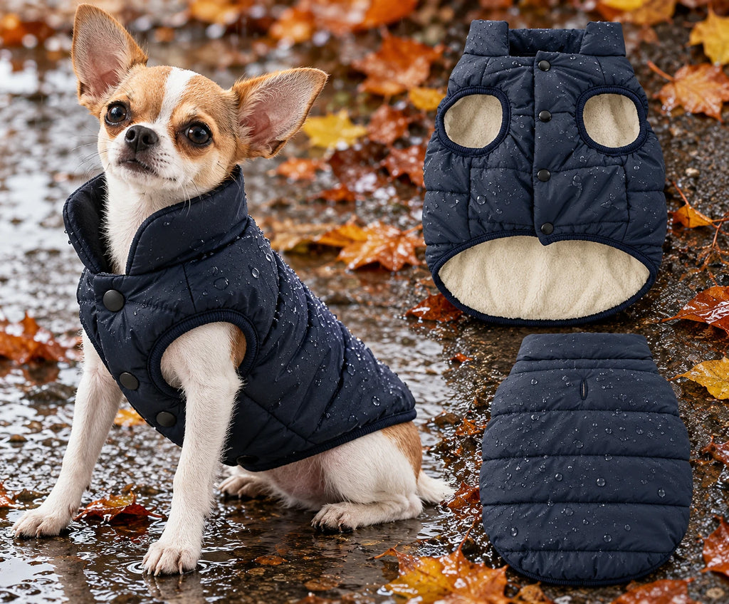 Chihuahua trägt die Wetterhund Regenweste in Navy auf nassem Herbstweg, daneben Vorder- und Rückansicht mit Leinenschlitz