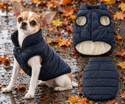 Chihuahua trägt die Wetterhund Regenweste in Navy auf nassem Herbstweg, daneben Vorder- und Rückansicht mit Leinenschlitz